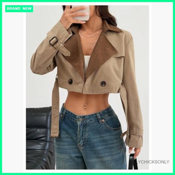 Polyester Double Breasted Cropped Trench Coat Belted Lapel Collar Jacket - Picture 4 of 5